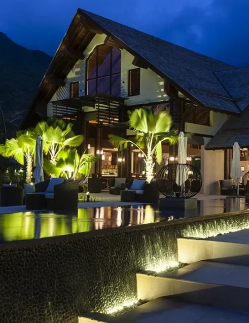 Seychelles villa resort at night.