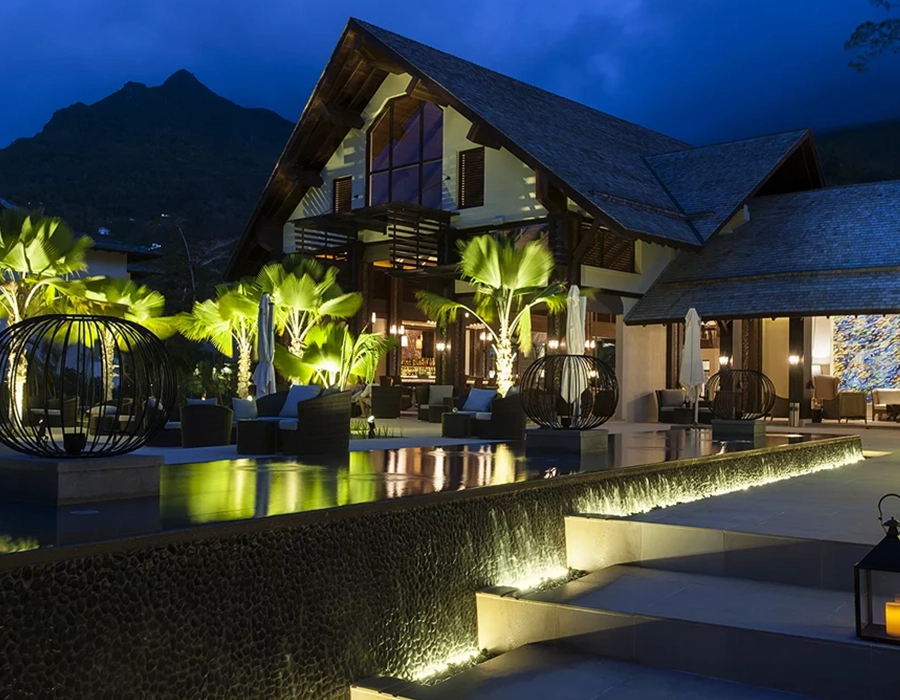 Seychelles house at night.