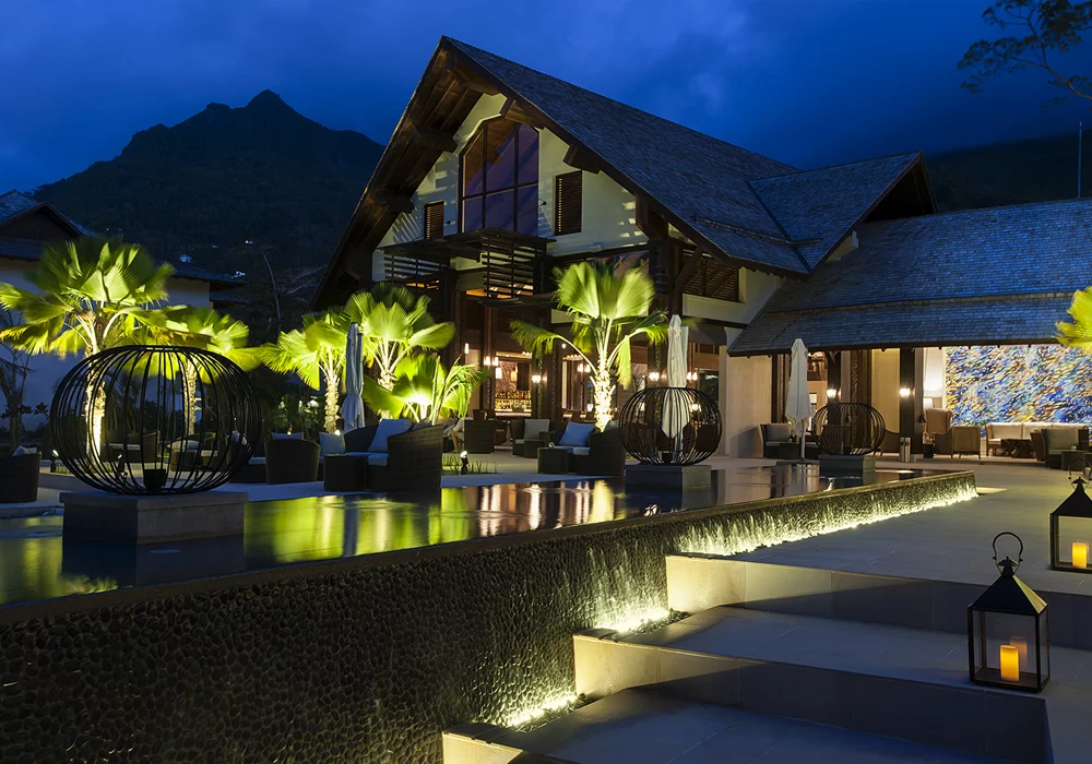 Seychelles villa resort at night.