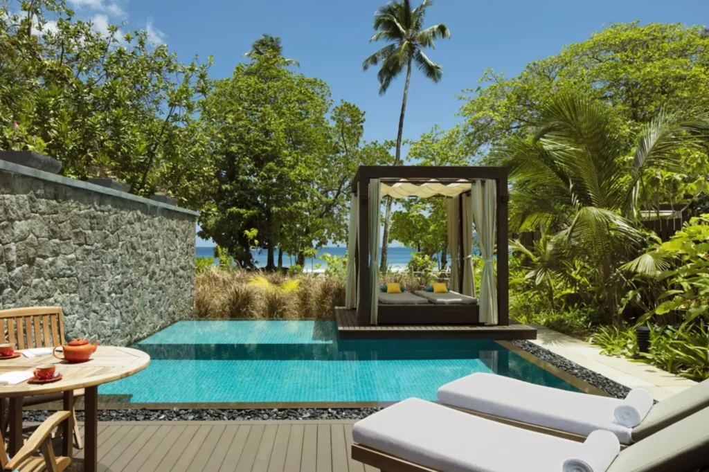 Private pool area at Story Seychelles, a resort on Mahe island.