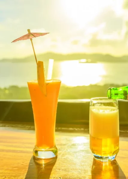 Fruit cocktail and glass of beer with a view of Indian Ocean and Praslin, Seychelles.