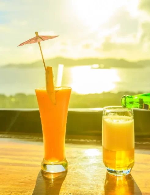 Fruit cocktail and glass of beer with a view of Indian Ocean and Praslin, Seychelles.
