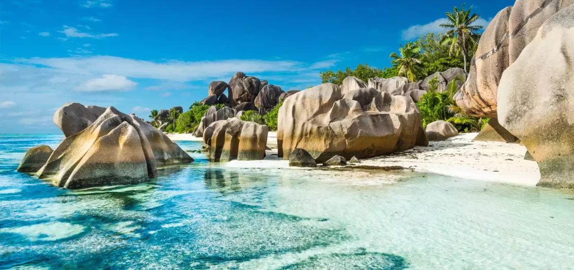 Beach in the Seychelles boredered by palm trees and granite boulders.