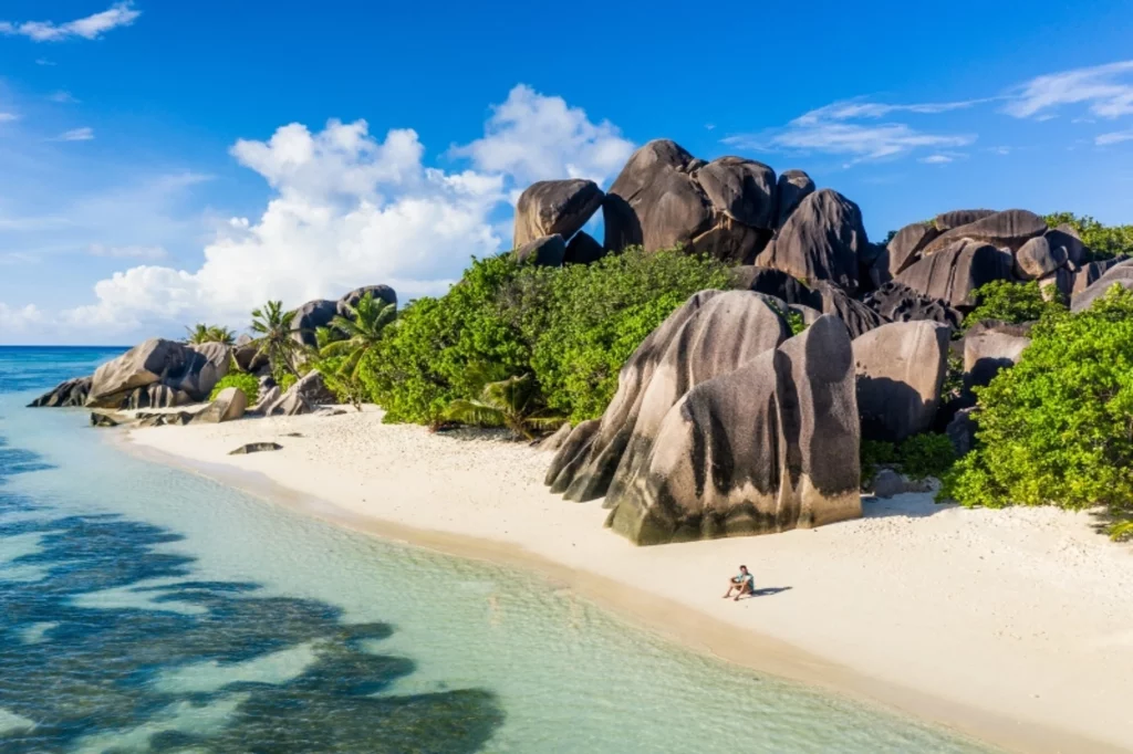 Beach on the Seychelles with big granite rocks.