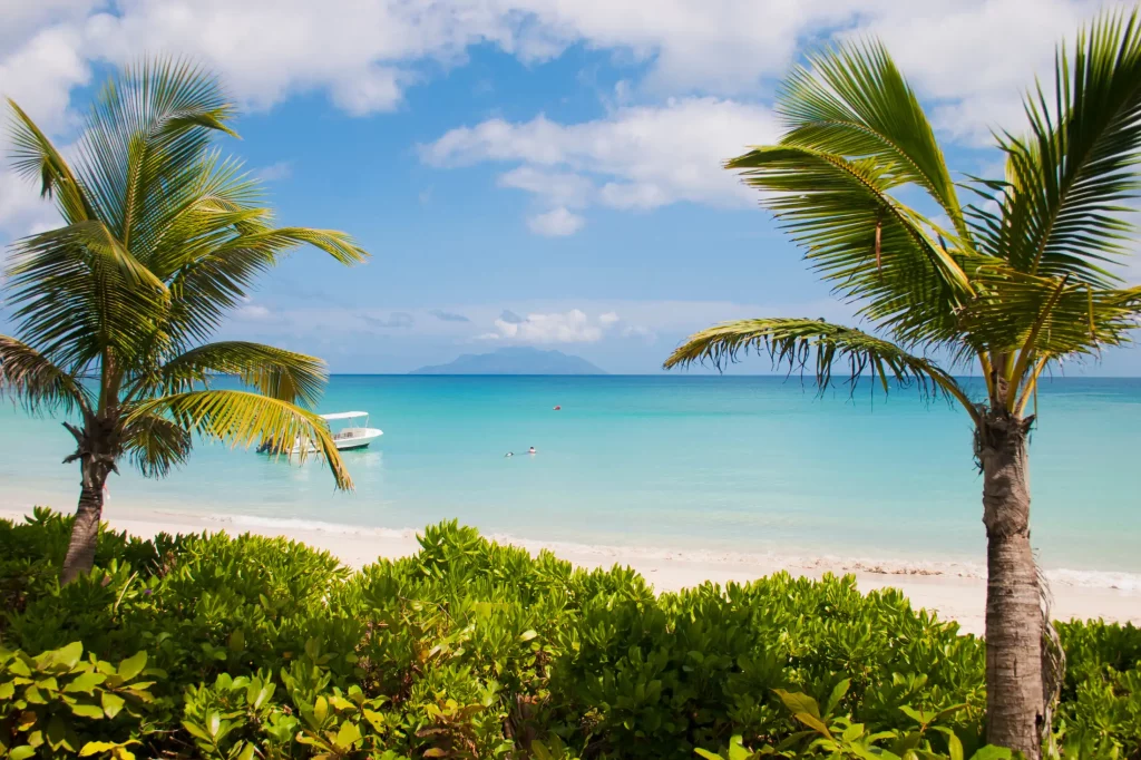 Tropical Seychelles Islands with a clear turquoise sea, white sandy beach, and lush greenery.