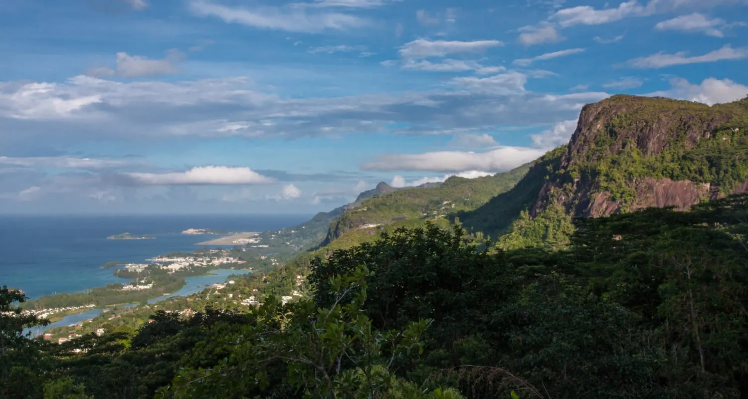 View of Mahe Island and Victoria from atop the Glacis Trois Freres Trail.